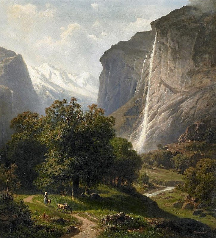#艺术品《The Staubach in the Lauterbrunnenthal from the Bernese Oberland》 是由瑞士画家 Joseph Bernardi（1826-1907）创作的一幅风景画，描绘了瑞士伯尔尼高地（Bernese Oberland）地区的劳特布龙嫩谷（Lauterbrunnenthal）和著名的斯道巴赫瀑布（Staubach Falls）