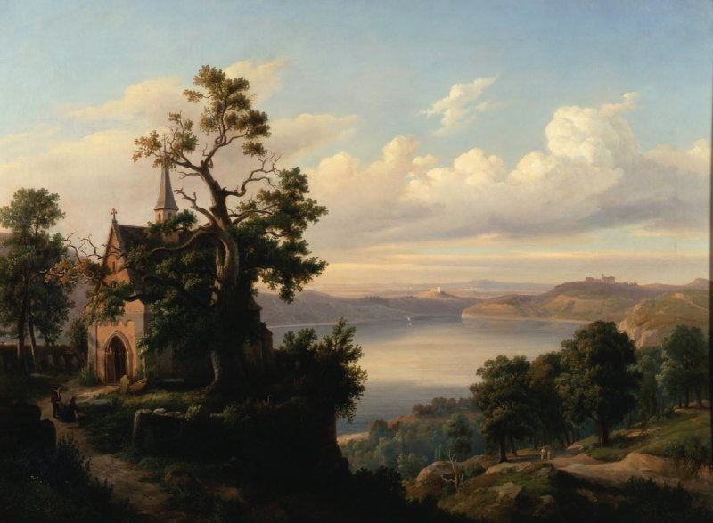 #艺术品《Landscape with a Lake and a Gothic Church (1863)》 是由德国画家 Chrystian Breslauer 创作的一幅风景画