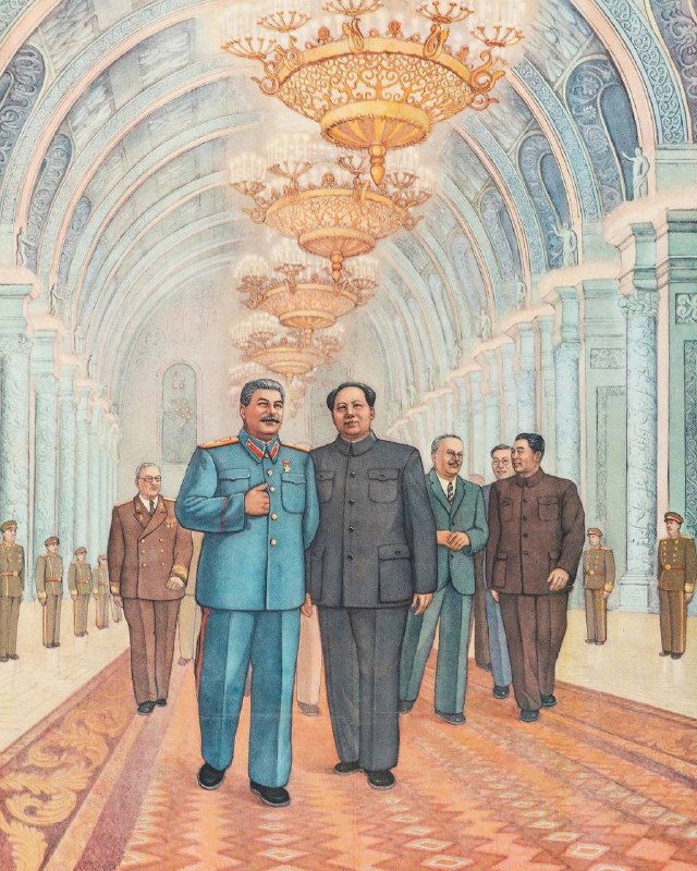 #海报 中国海报（1951年）显示毛泽东在莫斯科拜访斯大林