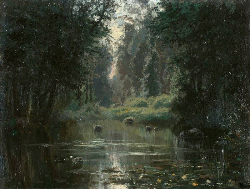 #艺术品 瓦西里·波列诺夫（Vasily Polenov）的《池塘》（Pond），创作于1874年，是一幅展现俄罗斯乡村宁静景色的油画