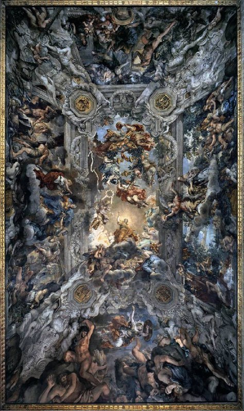 #艺术品 这幅作品是意大利巴洛克艺术大师彼得罗·达·科尔托纳（Pietro da Cortona）于1633至1639年间创作的天顶壁画，位于罗马的巴贝里尼宫（Palazzo Barberini）沙龙大厅内