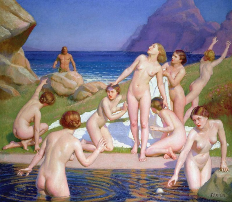#艺术品 William McGregor Paxton的《Odysseus and Nausicaä》(奥德修斯与瑙西卡)描绘的是荷马史诗《奥德赛》中的一个经典场景:奥德修斯在海难后赤身漂流上岸,遇见了在海边浣衣、嬉戏的费阿刻斯公主瑙西卡和她的侍女们