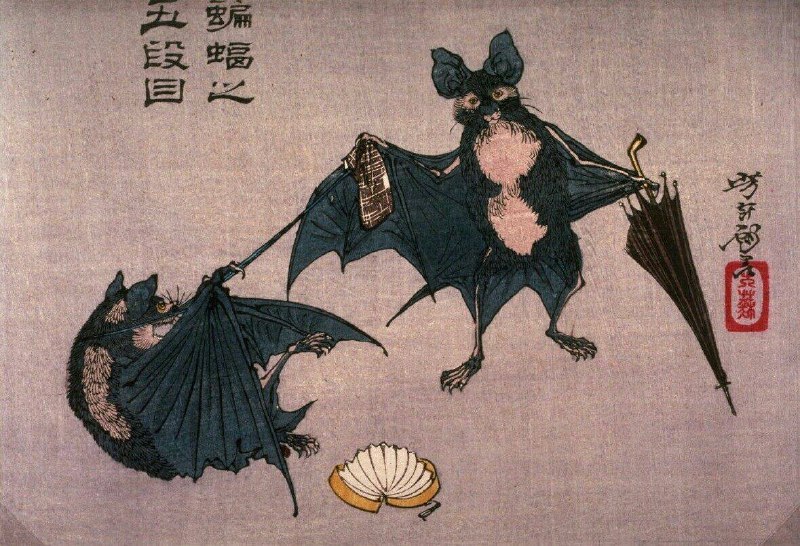 #艺术品《蝙蝠的五段》（Komori no godan）是日本浮世绘大师月冈芳年（Tsukioka Yoshitoshi）于1880至1883年间创作的一幅木版画，属于他晚期作品，展现了他在风格和情感表达上的成熟与革新