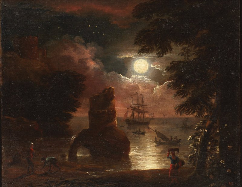 #艺术品《A Moonlit River Scene》 是荷兰画家 Adriaen van Diest（1656-1704）创作的一幅风景画