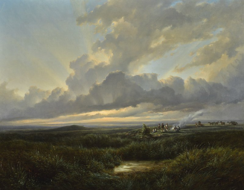 #艺术品 《Evening on the Prairie (1857)》 是德国画家 Julius Herman Kummer（1815-1889）创作的一幅风景画