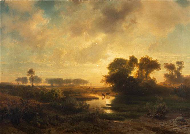 #艺术品 《黄昏牧牛图》（Landscape with Cows in the Evening Light，1852）是**瑞士画家 Johann Gottfried Steffan（约翰·戈特弗里德·施特凡）**创作的一幅浪漫主义风格风景油画