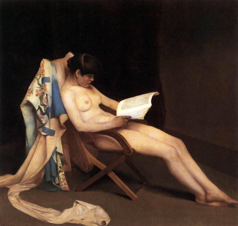 #艺术品 西奥多·鲁塞尔（Theodore Roussel）—《读书的女孩》（1886年）⸻1886年，英国画家西奥多·鲁塞尔描绘了一位安静、沉思的女子——她全神贯注地读着一本书，身体轻轻倚靠，神情温柔而专注