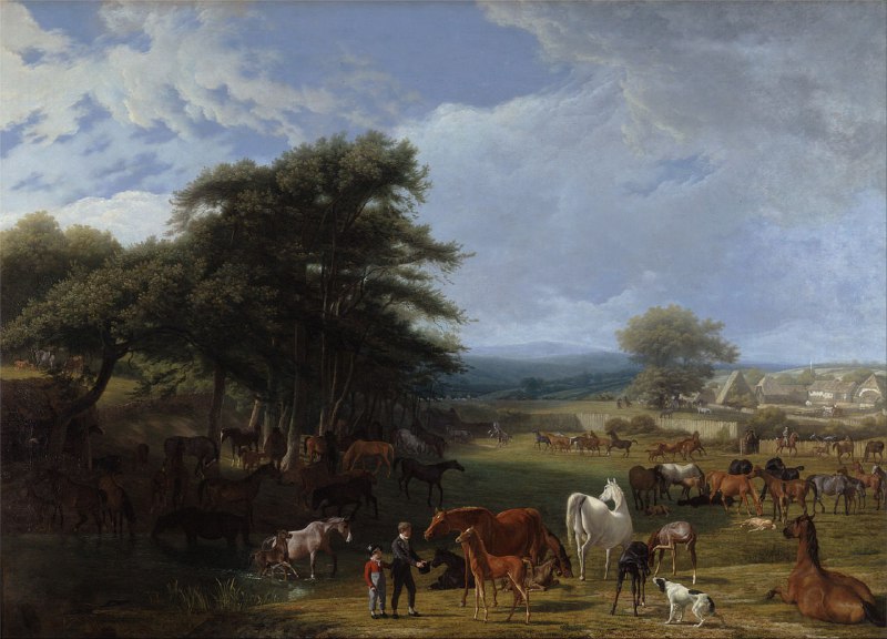 #艺术品 《里弗斯勋爵种马场，斯特拉特菲尔德萨耶》 (1807年)Lord Riverss Stud Farm，Stratfield Saye，1807雅克·洛朗·阿加斯 (Jacques-Laurent Agasse) 是一位来自瑞士的动物和风景画家