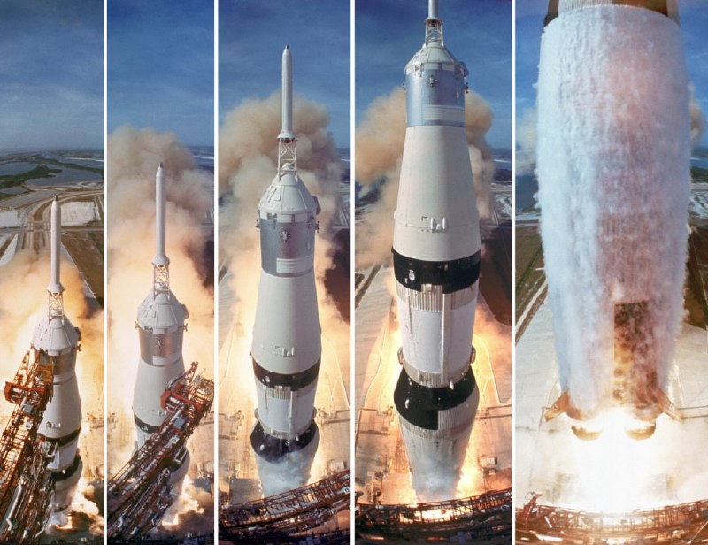 1969 年 7 月 16 日，当土星五号助推器将阿波罗 11 号宇航员送往月球时，龙门架缩回