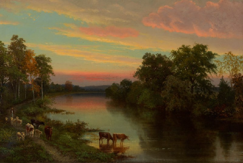 #艺术品《Sunset with Cows》(日落与牛)画家：约翰·弗雷德里克·肯塞特日期: 1856风格：发光主义