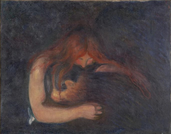 #艺术品《吸血鬼》 (Vampire)，原名《爱与痛苦》（Love and Pain）是挪威画家爱德华·蒙克（Edvard Munch）于1895年创作的一幅作品