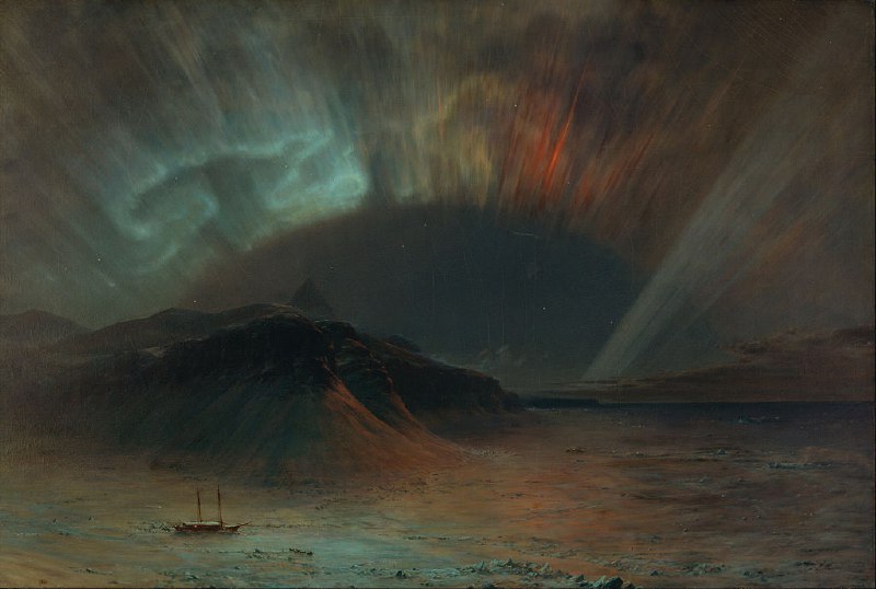 #艺术品 北极光（Aurora Borealis）是弗雷德里克·埃德温（Frederic Edwin）的1865年画作，描绘了北极光和艾萨克·以色列·海耶斯（Isaac Israel Hayes）的北极探险