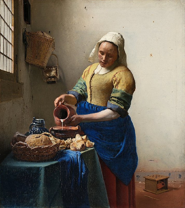 #艺术品 荷兰风俗画《倒牛奶的女仆》，扬·弗美尔，1658–60年