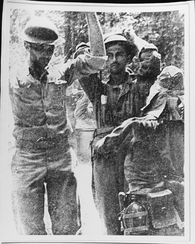 1942 年 4 月巴丹战役结束时，美国士兵向日军投降