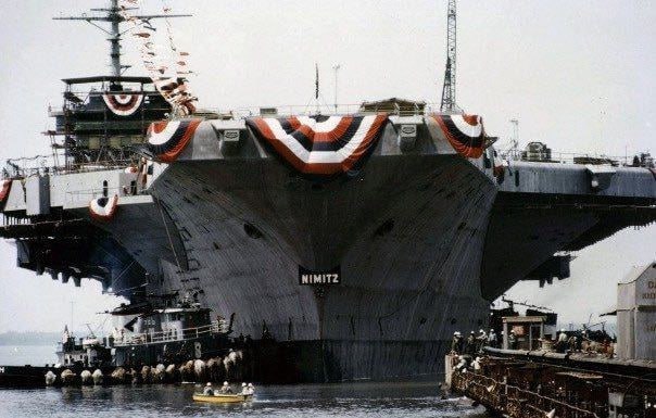 1972年，美国第二代核动力航母尼米兹级首舰尼米兹号USS Nimitz (CVN 68)下水仪式