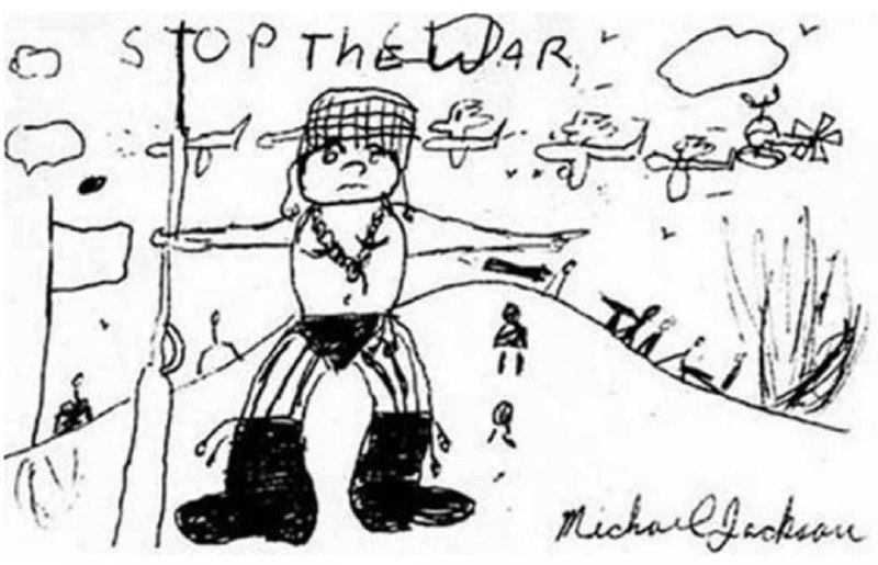 p1-2是1996-1997年间迈克尔杰克逊历史巡演earth song的表演舞台，p3是他童年时期的涂鸦，上面写着stop the war