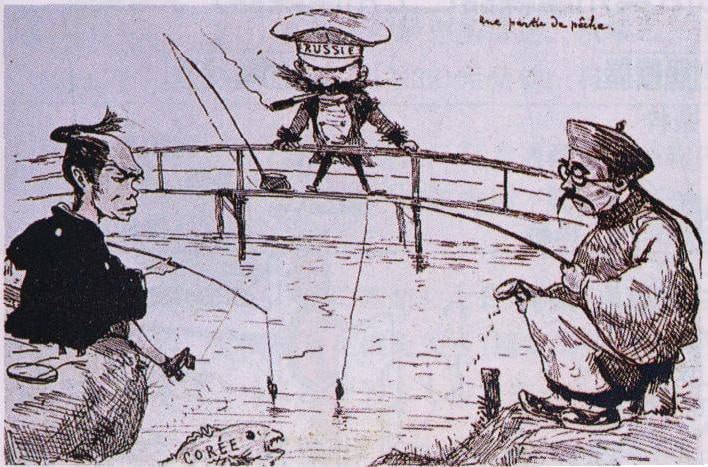 1887年的一幅讽刺画，大清、日本及沙俄争钓一条写有“朝鲜”的鱼
