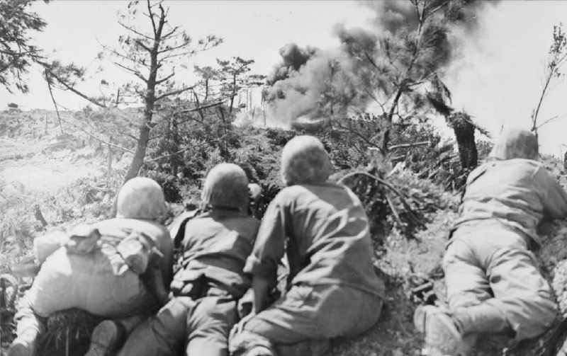 1945 年 3 月至 6 月冲绳岛战役期间，几名美国海军陆战队机枪手观看喷火坦克向日军碉堡开火